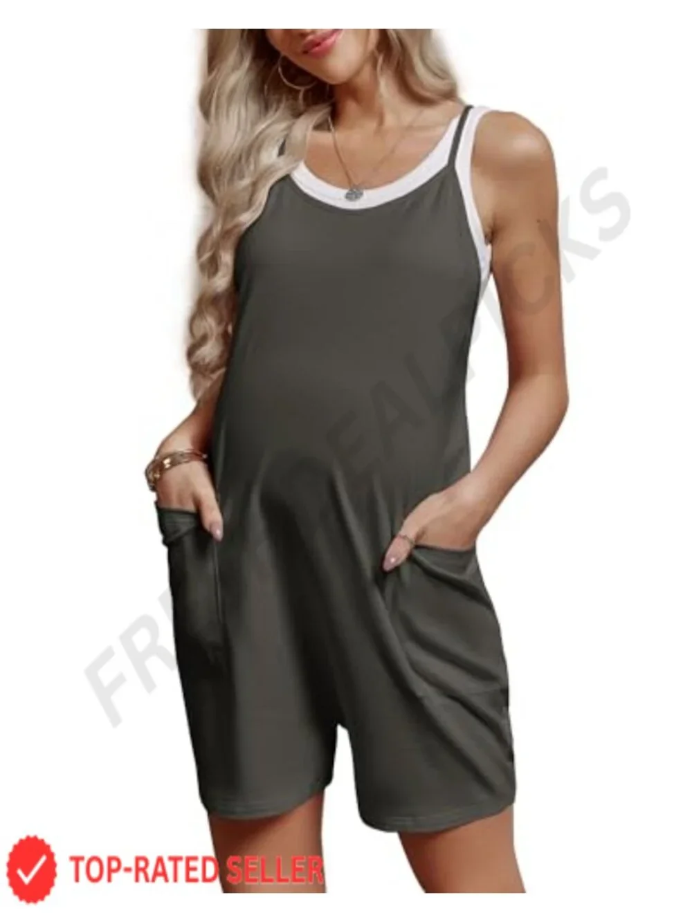 Maternity Romper Sleeveless Overall Shorts Jumpsuit with Pockets, Stretch Soft